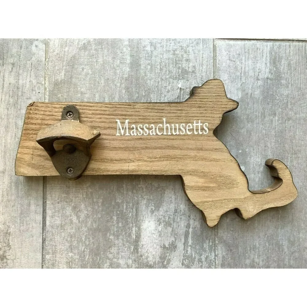 MASSACHUSETTS Shaped Wood Wall Mount BOTTLE BEER OPENER Handcrafted NEW Bar